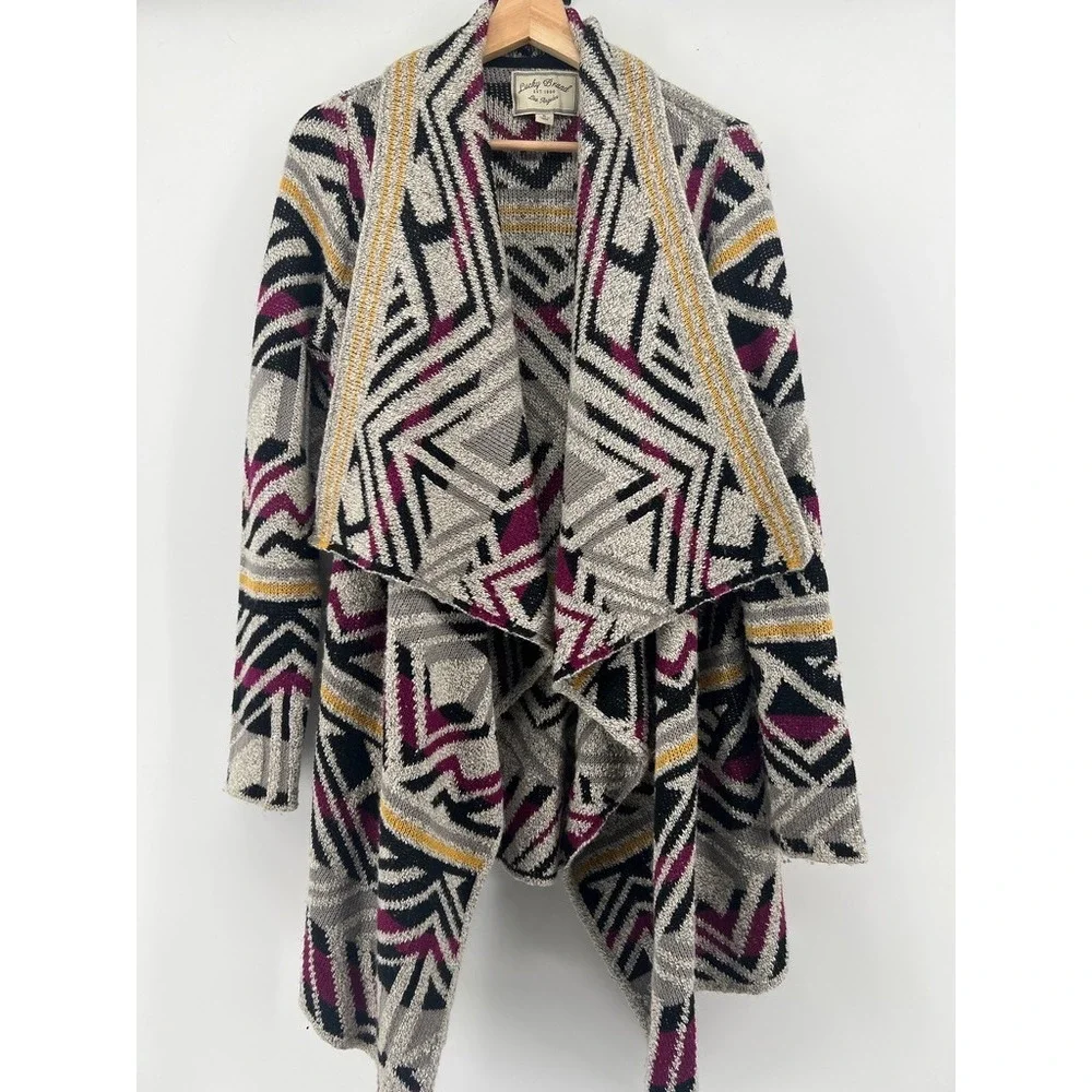 Lucky Brand Women Geometric Tribal Open Front Waterfall Cardigan Sweater Grey S